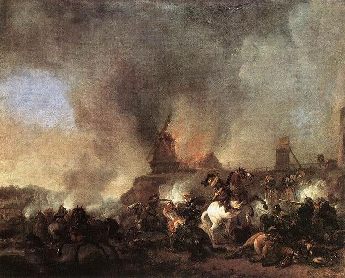  Cavalry Battle in front of a Burning Mill by Philip Wouwerman